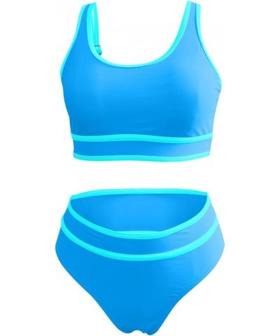 High Waisted Bikini Sets for Women Sporty Two Piece Swimsuit Cheeky High Cut Bathing Suits Color Block Sexy Swimwear A2-blue~...