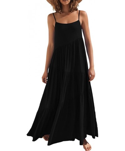 Women’s Summer Casual Loose Sleeveless Spaghetti Strap Asymmetric Tiered Beach Maxi Long Dress Black $19.80 Dresses