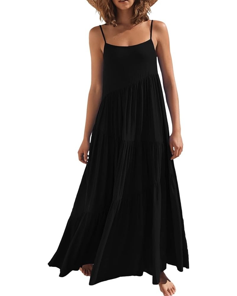 Women’s Summer Casual Loose Sleeveless Spaghetti Strap Asymmetric Tiered Beach Maxi Long Dress Black $19.80 Dresses