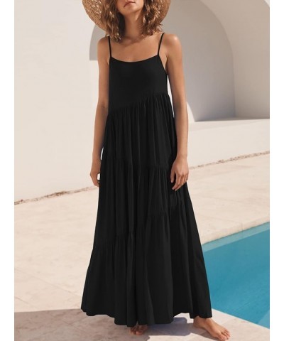 Women’s Summer Casual Loose Sleeveless Spaghetti Strap Asymmetric Tiered Beach Maxi Long Dress Black $19.80 Dresses