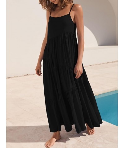 Women’s Summer Casual Loose Sleeveless Spaghetti Strap Asymmetric Tiered Beach Maxi Long Dress Black $19.80 Dresses