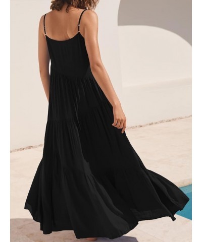 Women’s Summer Casual Loose Sleeveless Spaghetti Strap Asymmetric Tiered Beach Maxi Long Dress Black $19.80 Dresses