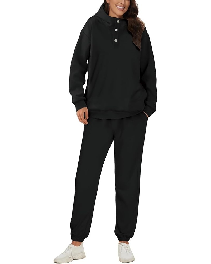Womens Half Button Pullover Long Sleeve Sweatshirt Jogger Pants Lounge Sets 2 Piece Outfits Sweatsuit with Pockets Black $25....