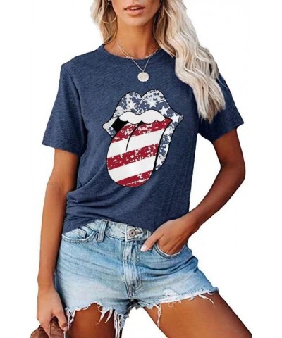 Womens American Flag Lips T-Shirt Funny July 4th Independence Day Graphic Tees Tops 2023-navy $11.79 T-Shirts