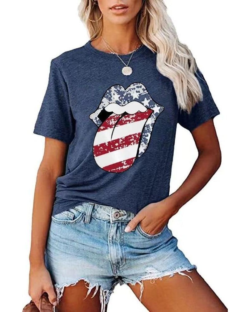 Womens American Flag Lips T-Shirt Funny July 4th Independence Day Graphic Tees Tops 2023-navy $11.79 T-Shirts