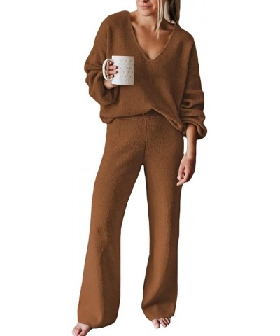 Women Deep V Neck 2 Piece Tracksuit Lone Sleeve Ribbed Sweatsuit Solid Color Lounge Pajamas Set Leisure Wear Brown $23.77 Act...