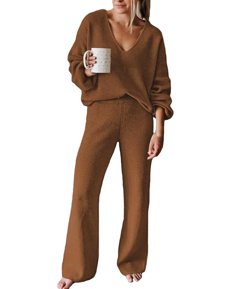 Women Deep V Neck 2 Piece Tracksuit Lone Sleeve Ribbed Sweatsuit Solid Color Lounge Pajamas Set Leisure Wear Brown $23.77 Act...
