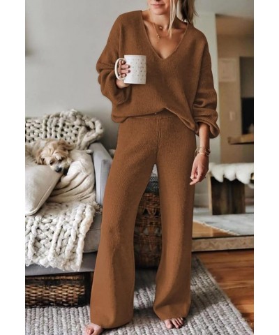 Women Deep V Neck 2 Piece Tracksuit Lone Sleeve Ribbed Sweatsuit Solid Color Lounge Pajamas Set Leisure Wear Brown $23.77 Act...