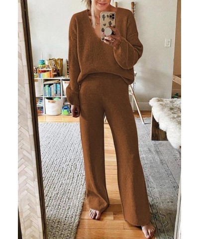 Women Deep V Neck 2 Piece Tracksuit Lone Sleeve Ribbed Sweatsuit Solid Color Lounge Pajamas Set Leisure Wear Brown $23.77 Act...