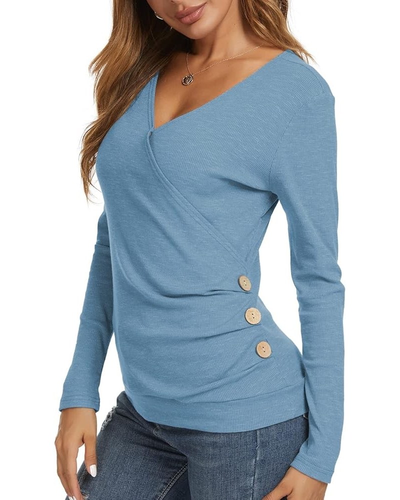 Women's Wrap Tops V Neck Tunic Long Sleeve Casual T-Shirts Blouse Sky Blue $10.74 Tops