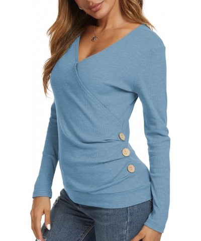 Women's Wrap Tops V Neck Tunic Long Sleeve Casual T-Shirts Blouse Sky Blue $10.74 Tops