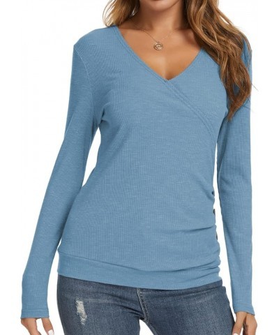 Women's Wrap Tops V Neck Tunic Long Sleeve Casual T-Shirts Blouse Sky Blue $10.74 Tops