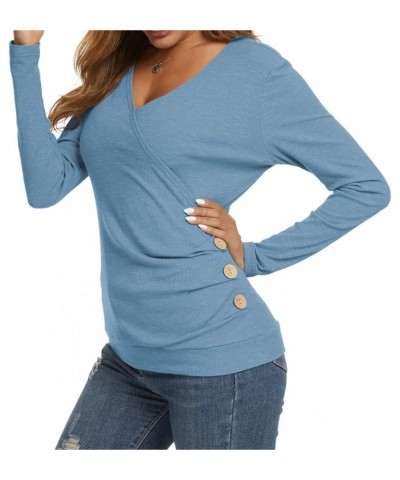 Women's Wrap Tops V Neck Tunic Long Sleeve Casual T-Shirts Blouse Sky Blue $10.74 Tops