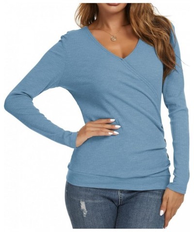 Women's Wrap Tops V Neck Tunic Long Sleeve Casual T-Shirts Blouse Sky Blue $10.74 Tops