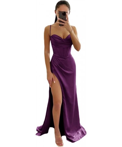 Women's Halter Slit Satin Prom Dresses 2023 Long Bridesmaid Dress Ruched Formal Evening Party Gown Grape $24.78 Dresses