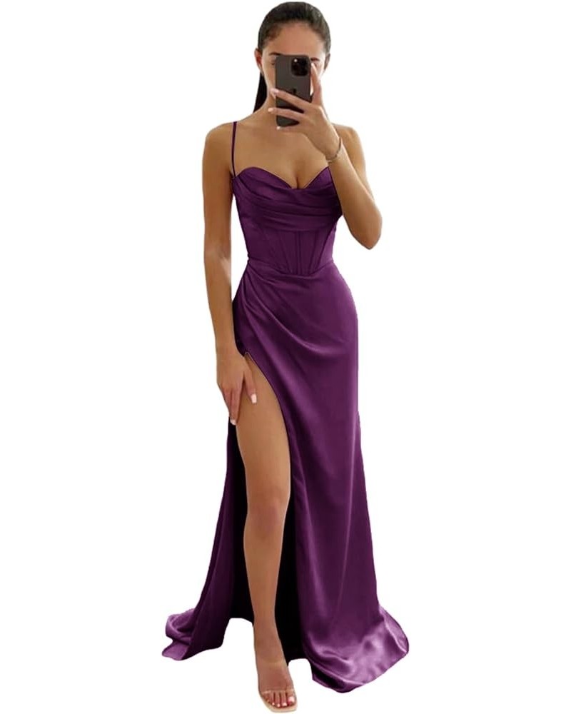 Women's Halter Slit Satin Prom Dresses 2023 Long Bridesmaid Dress Ruched Formal Evening Party Gown Grape $24.78 Dresses