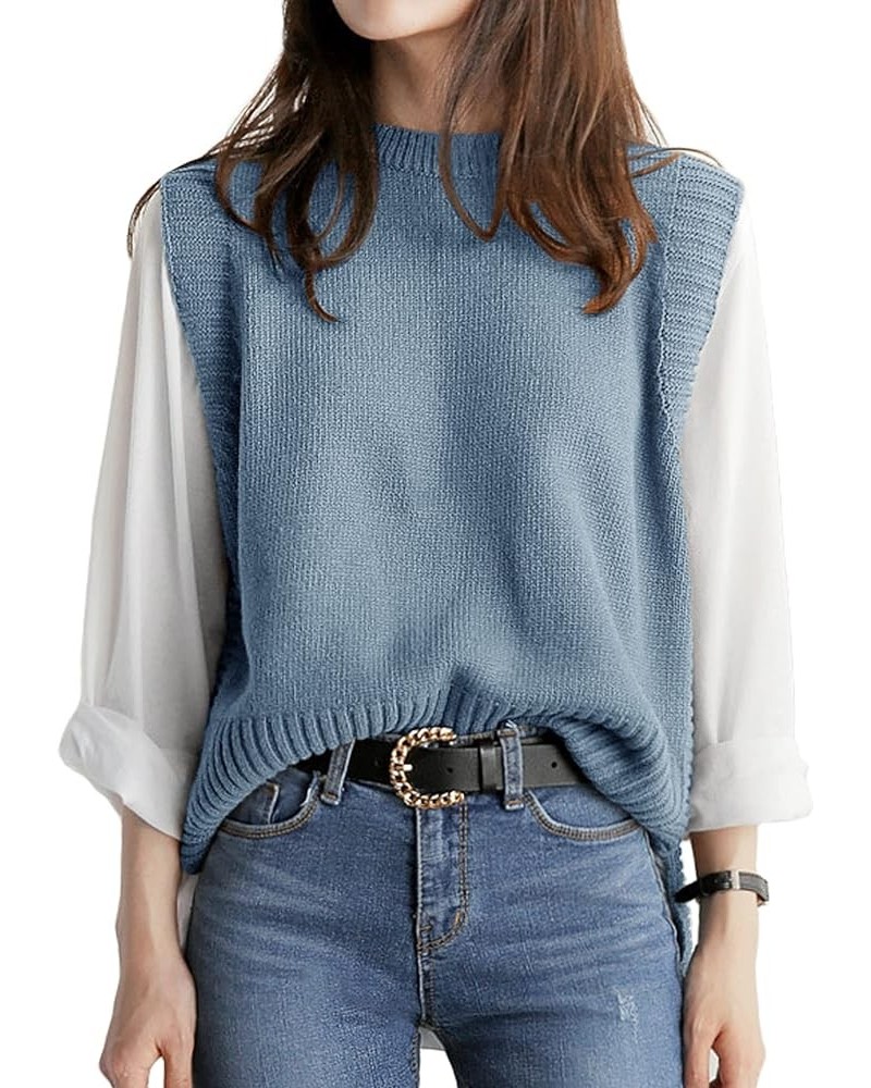 Women's Sweater Vest Round Neck Sleeveless Knitted Solid High Low Pullover Vests Sweater Light Blue $21.41 Sweaters