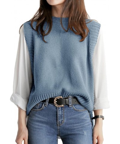 Women's Sweater Vest Round Neck Sleeveless Knitted Solid High Low Pullover Vests Sweater Light Blue $21.41 Sweaters