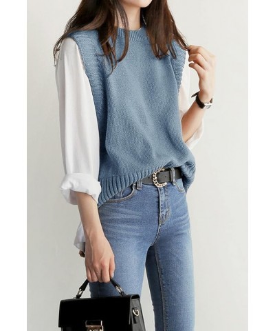 Women's Sweater Vest Round Neck Sleeveless Knitted Solid High Low Pullover Vests Sweater Light Blue $21.41 Sweaters