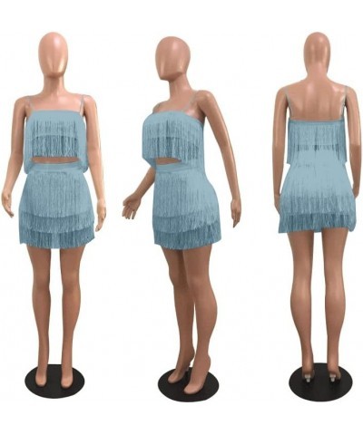 Womens Sexy 2 Piece Outfits Sleeveless Crop Top Feather Tassels Bodycon Mini Dress Outfits Clubwear Three Blue $21.00 Dresses