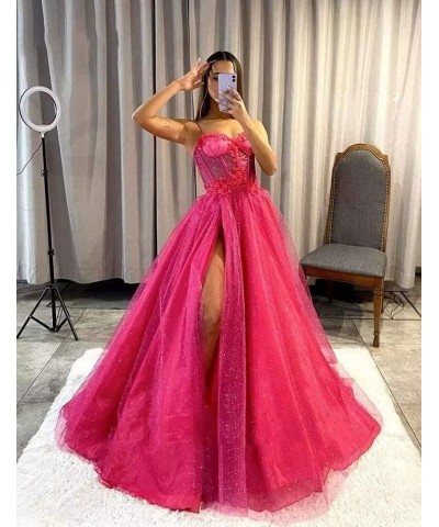 Glitter Tulle Ruffled Prom Dress Long Ball Gown 3D Lace Flower Appliques Wedding Dress Slit Formal Evening Dresses 2024 Light...