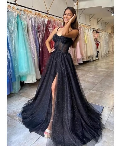 Glitter Tulle Ruffled Prom Dress Long Ball Gown 3D Lace Flower Appliques Wedding Dress Slit Formal Evening Dresses 2024 Light...