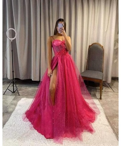 Glitter Tulle Ruffled Prom Dress Long Ball Gown 3D Lace Flower Appliques Wedding Dress Slit Formal Evening Dresses 2024 Light...