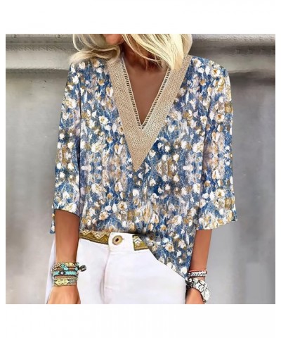 3/4 Length Sleeve Shirts for Women Womens Fall Fashion 2023 Casual Dressy Business Blouses V Neck Spliced Tops 02-blue $7.83 ...