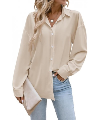 Button Down Shirts for Women Long Sleeve Collared Blouse Business Casual Tops Beige $15.89 Blouses