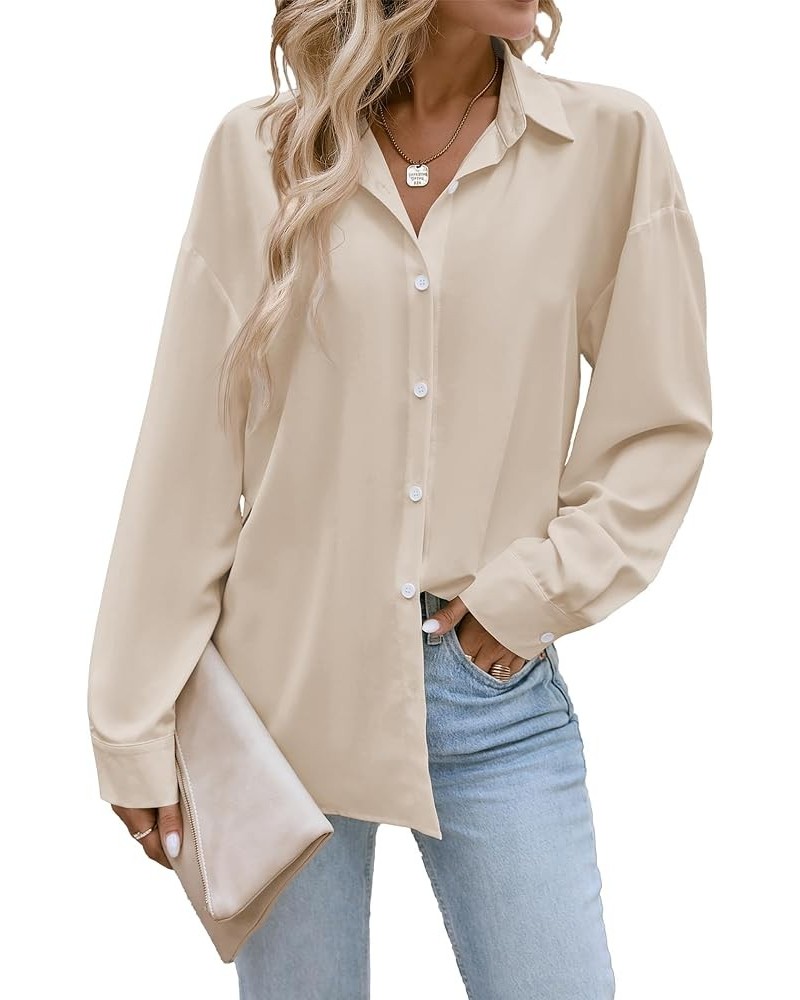 Button Down Shirts for Women Long Sleeve Collared Blouse Business Casual Tops Beige $15.89 Blouses