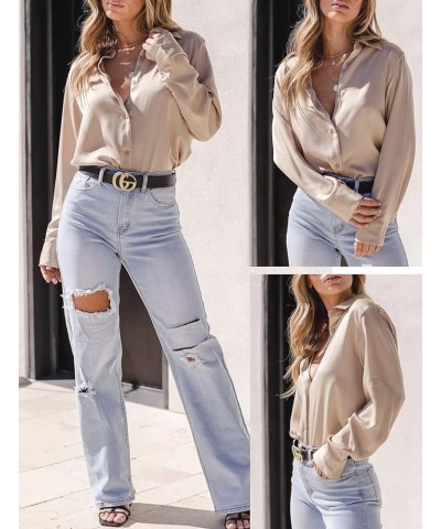 Button Down Shirts for Women Long Sleeve Collared Blouse Business Casual Tops Beige $15.89 Blouses