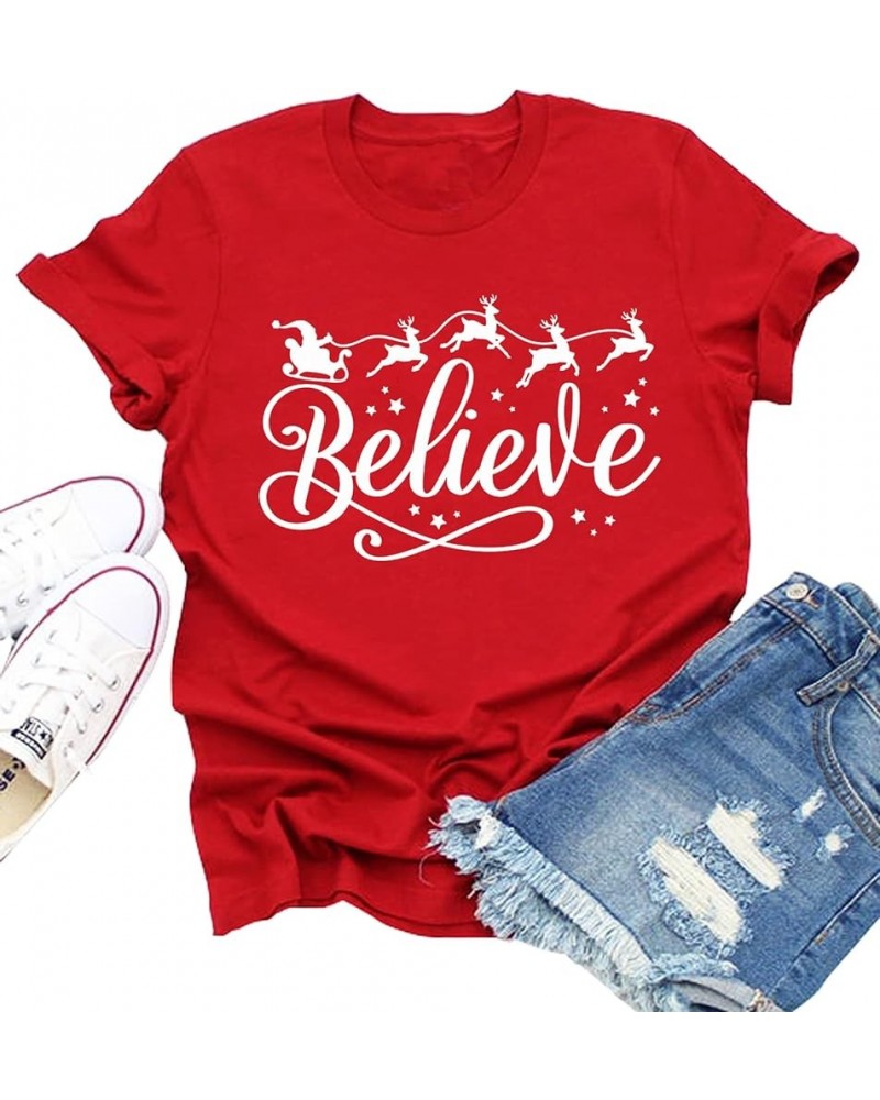 Believe Christmas T Shirts Women Christmas Graphic T-Shirts Believe Letter Print Tees Holiday Tops Red2 $11.33 T-Shirts