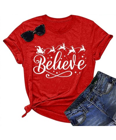 Believe Christmas T Shirts Women Christmas Graphic T-Shirts Believe Letter Print Tees Holiday Tops Red2 $11.33 T-Shirts