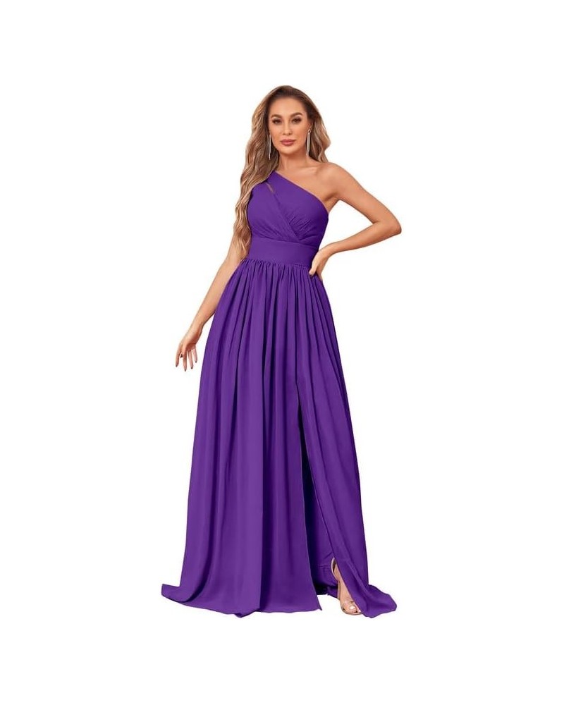 One Shoulder Bridesmaid Dress with Slit Chiffon Long Formal Dresses with Pockets Purple $24.20 Dresses