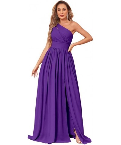 One Shoulder Bridesmaid Dress with Slit Chiffon Long Formal Dresses with Pockets Purple $24.20 Dresses