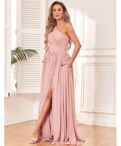 One Shoulder Bridesmaid Dress with Slit Chiffon Long Formal Dresses with Pockets Purple $24.20 Dresses