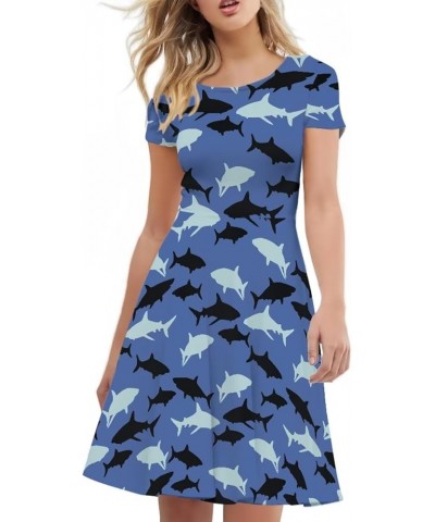 Sunflower Dress for Women Floral Summer Dresses Short Sleeve Casual Sundresses Midi Dresses Sharks Print $13.74 Dresses