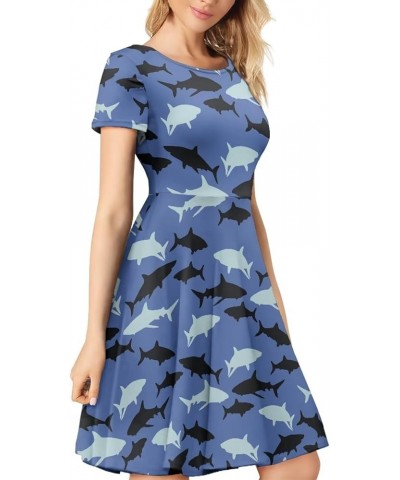 Sunflower Dress for Women Floral Summer Dresses Short Sleeve Casual Sundresses Midi Dresses Sharks Print $13.74 Dresses