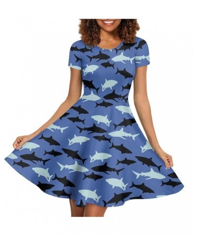 Sunflower Dress for Women Floral Summer Dresses Short Sleeve Casual Sundresses Midi Dresses Sharks Print $13.74 Dresses