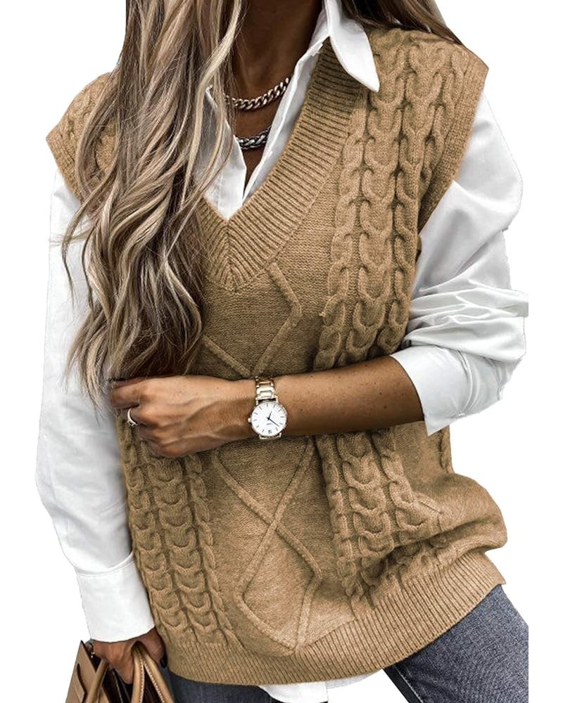Oversized Sweater Vest for Women V Neck Sleeveless Solid Color Loose Pullover Sweater 1 Khaki $12.09 Sweaters