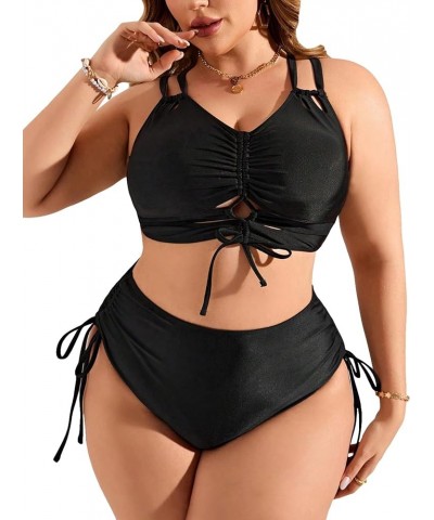 Women's Plus Size 2 Piece Swimsuit Drawstring Halter Bikini Sets Bathing Suits Solid Black $21.59 Swimsuits