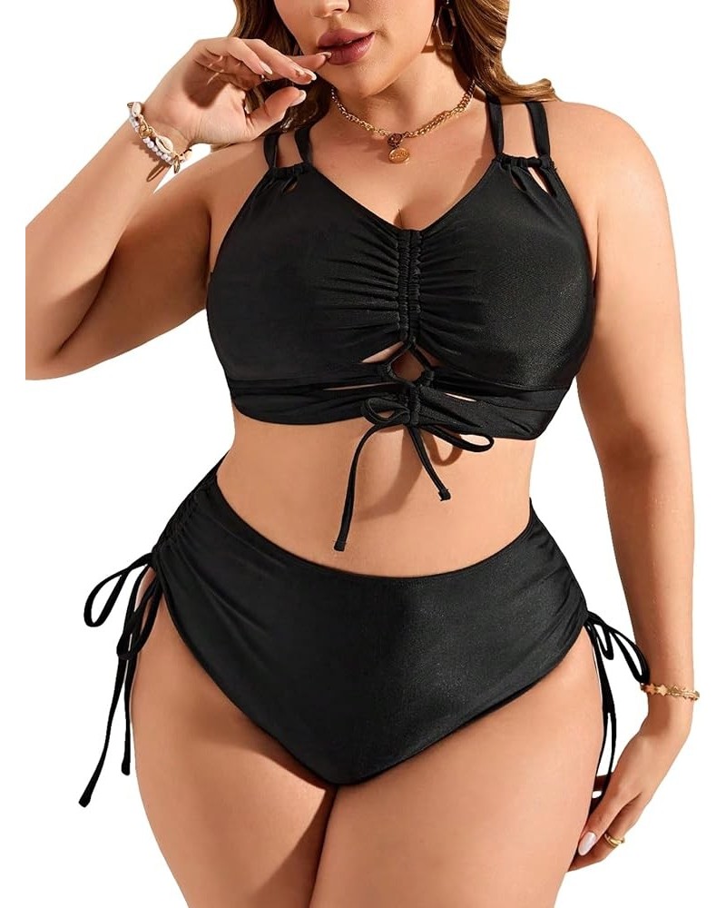 Women's Plus Size 2 Piece Swimsuit Drawstring Halter Bikini Sets Bathing Suits Solid Black $21.59 Swimsuits