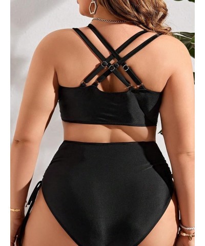 Women's Plus Size 2 Piece Swimsuit Drawstring Halter Bikini Sets Bathing Suits Solid Black $21.59 Swimsuits