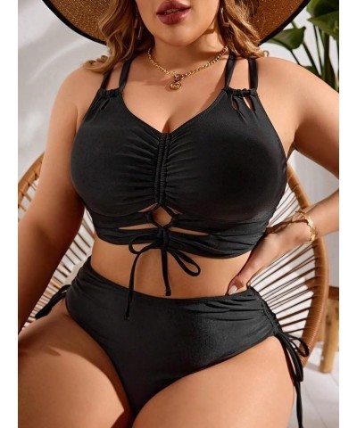 Women's Plus Size 2 Piece Swimsuit Drawstring Halter Bikini Sets Bathing Suits Solid Black $21.59 Swimsuits