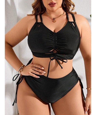 Women's Plus Size 2 Piece Swimsuit Drawstring Halter Bikini Sets Bathing Suits Solid Black $21.59 Swimsuits