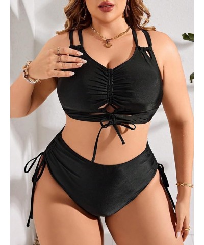 Women's Plus Size 2 Piece Swimsuit Drawstring Halter Bikini Sets Bathing Suits Solid Black $21.59 Swimsuits