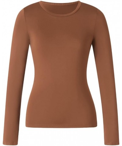 Women Long Sleeve Slim Fitted Crop Shirts Crewneck Y2k Basic Bodycon Pullover Tops Casual Solid Color Going Out Tees Brown $5...