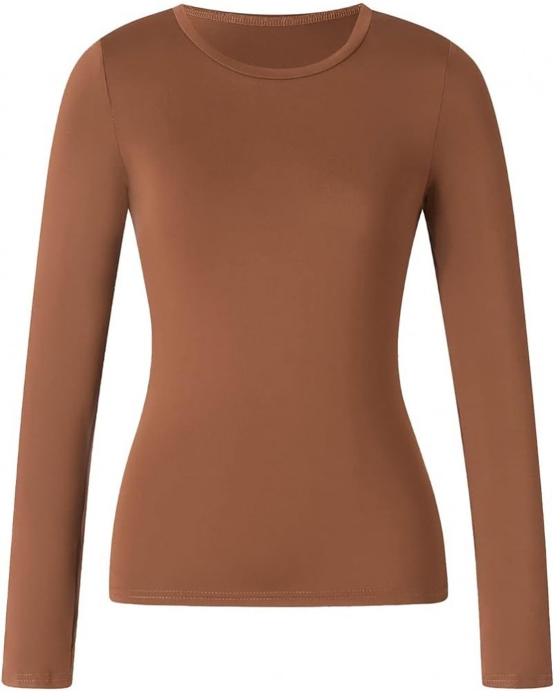 Women Long Sleeve Slim Fitted Crop Shirts Crewneck Y2k Basic Bodycon Pullover Tops Casual Solid Color Going Out Tees Brown $5...