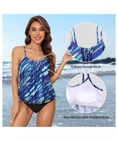 Womens Blouson Tankini Tops Only Loose Fit Swim Top Scoop Neck Bathing Suits Top Padded Swimsuit Top No Bottom Blue Stripe $1...