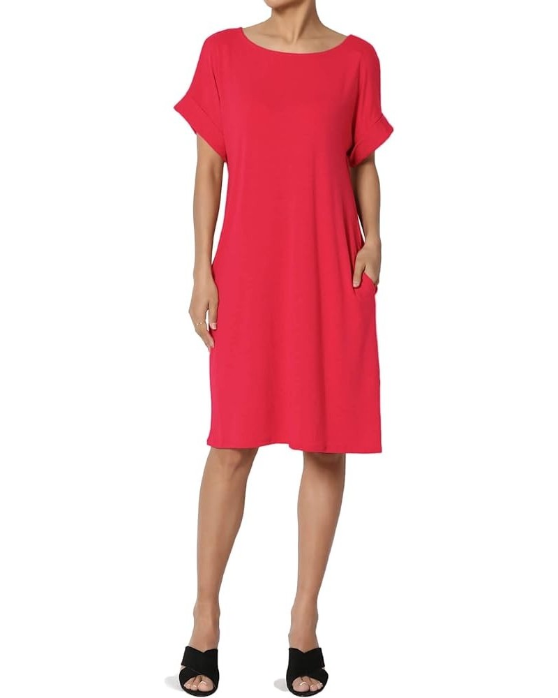Women's Jersey Oversized-Fit Short-Sleeve Pocket Knee Length Midi T-Shirt Dress Red $13.43 Dresses
